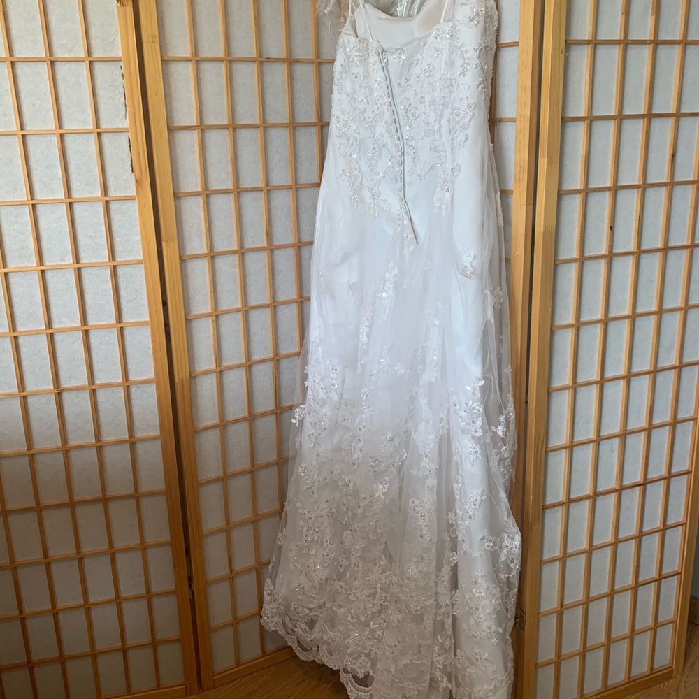 Intricate lace beaded wedding gown with train